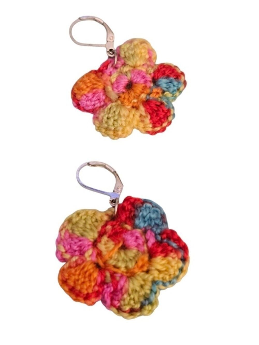 Hand Crafted Multi Color Crochet Flower Earrings Festival Wear Rainbow Jewelry - Picture 9 of 16